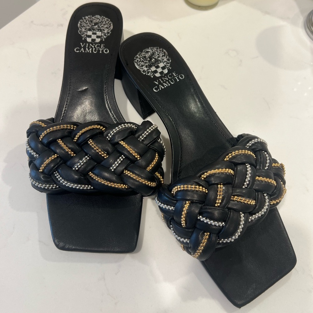 Vince Camuto Black and Metallic Braided Sandals